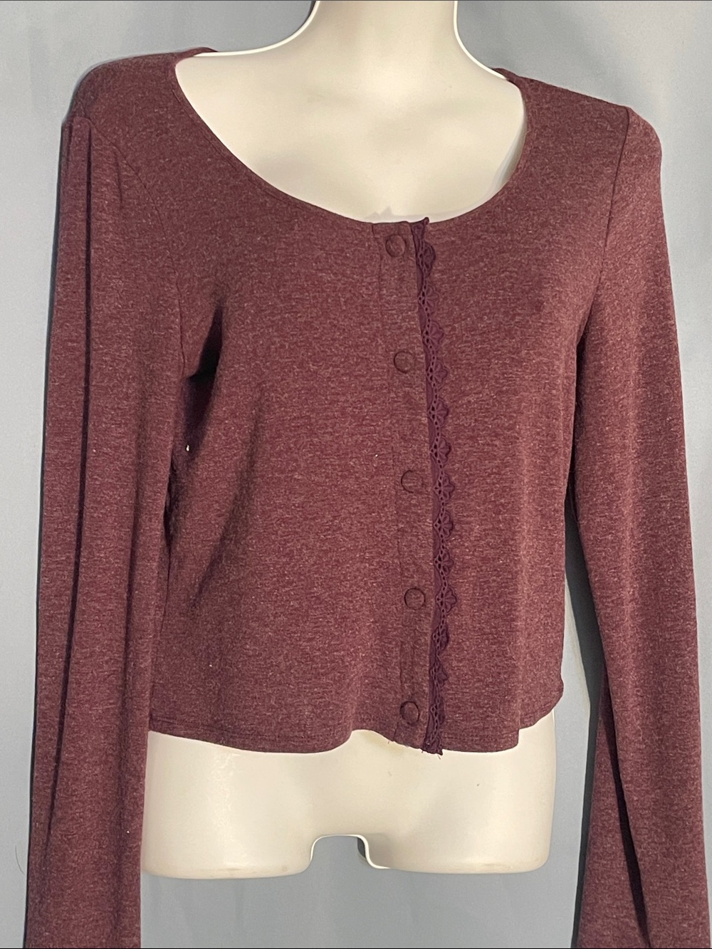 Shabby Chic Long-Sleeve Scoop Neck Button Cardigan - Wine